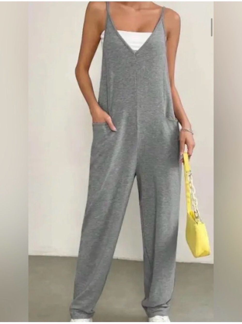 Sincerly Jules Grey V‑Neck Sleeveless Jumpsuit with Pockets